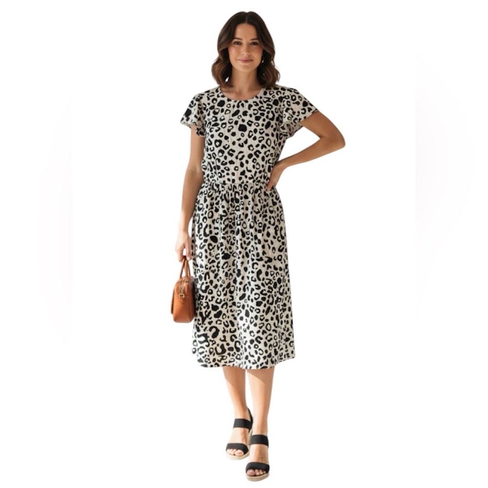 Who What Wear Linen Blend Animal Print Flutter Sleeve Dress with Side Pockets